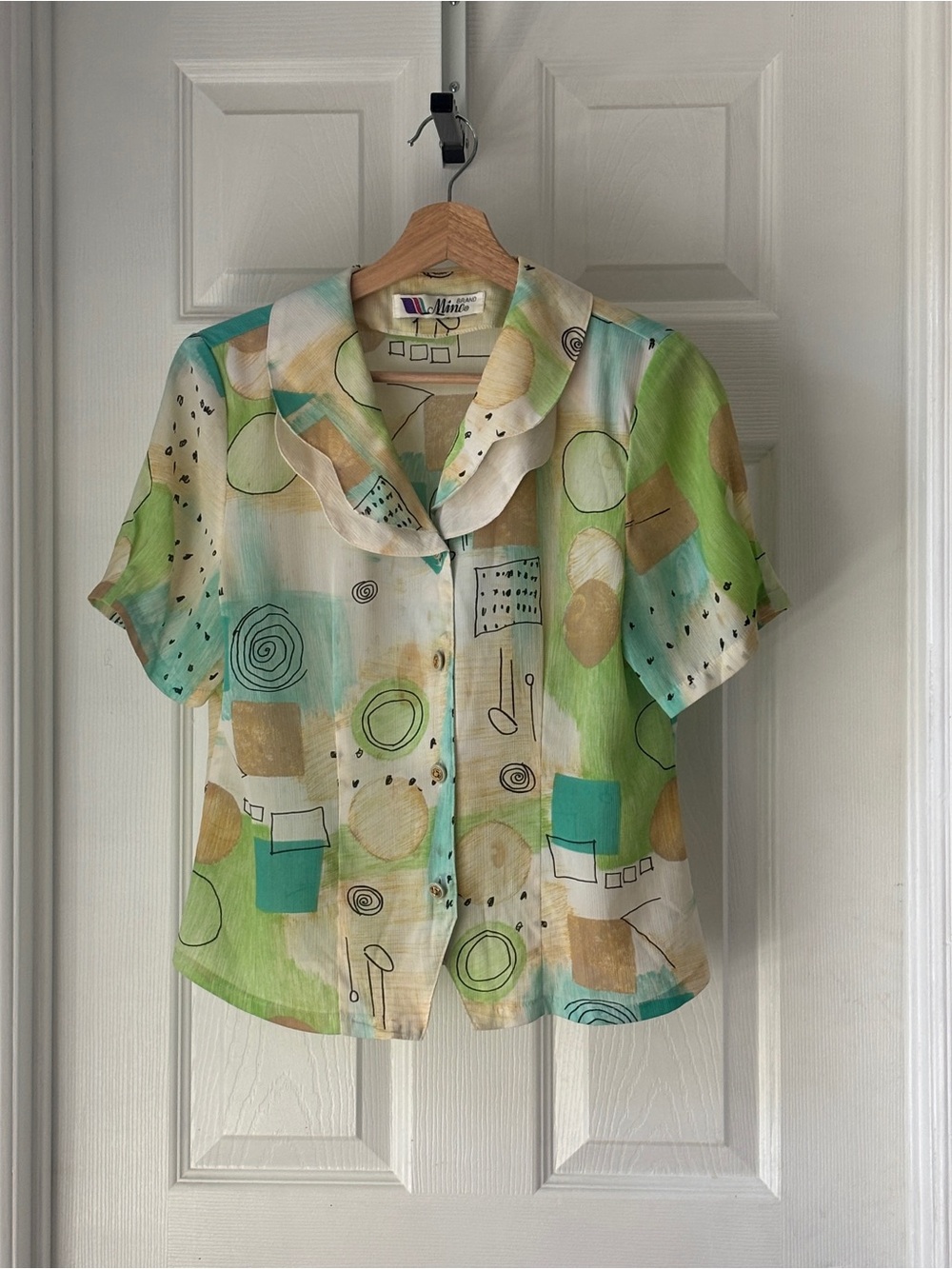 90s Vintage Abstract Short-Sleeve Button Blouse